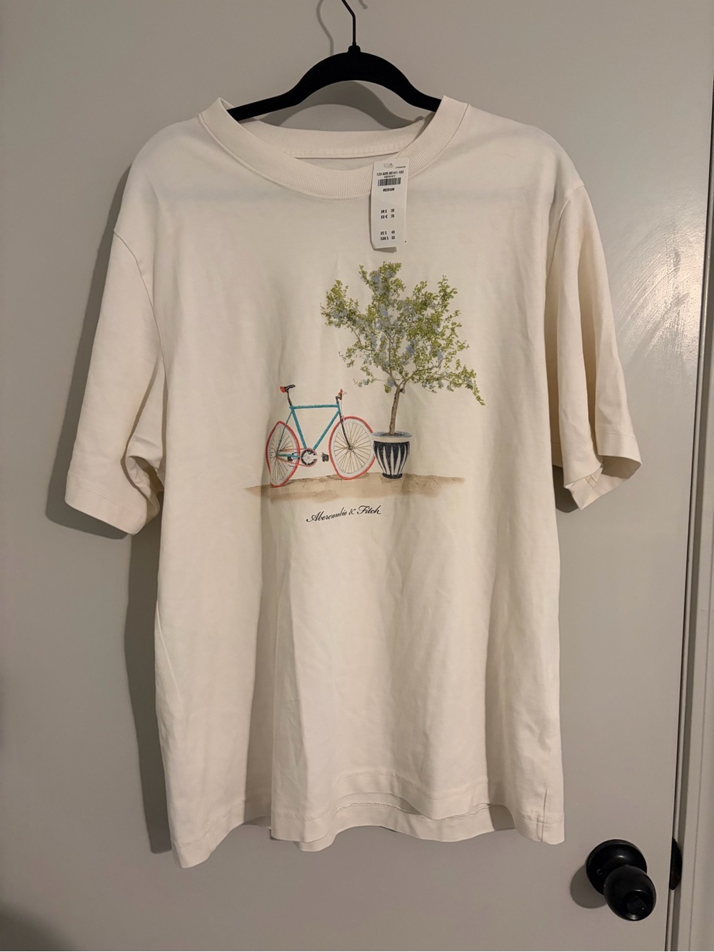 Abercrombie & Fitch Cream Short-Sleeve Tee with Bicycle & Tree Graphic